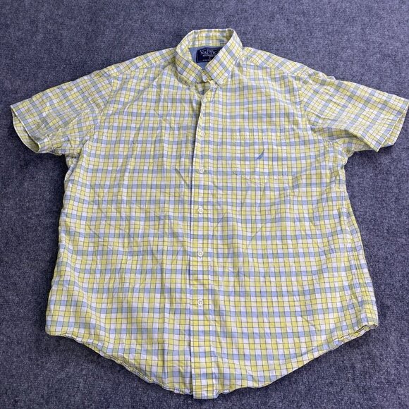Nautica Shirt Mens Large Gray Yellow Check Short Sleeve Button‎ Up Preppy Logo - Picture 1 of 12